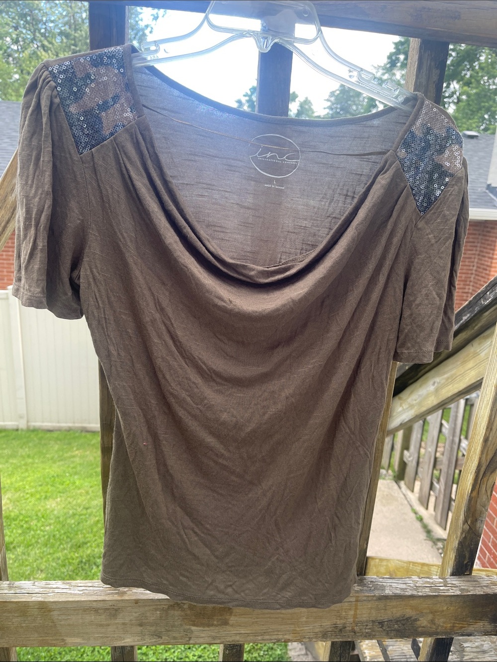INC International Concepts Brown Drape Neck Top with Sequin Shoulder Panels
